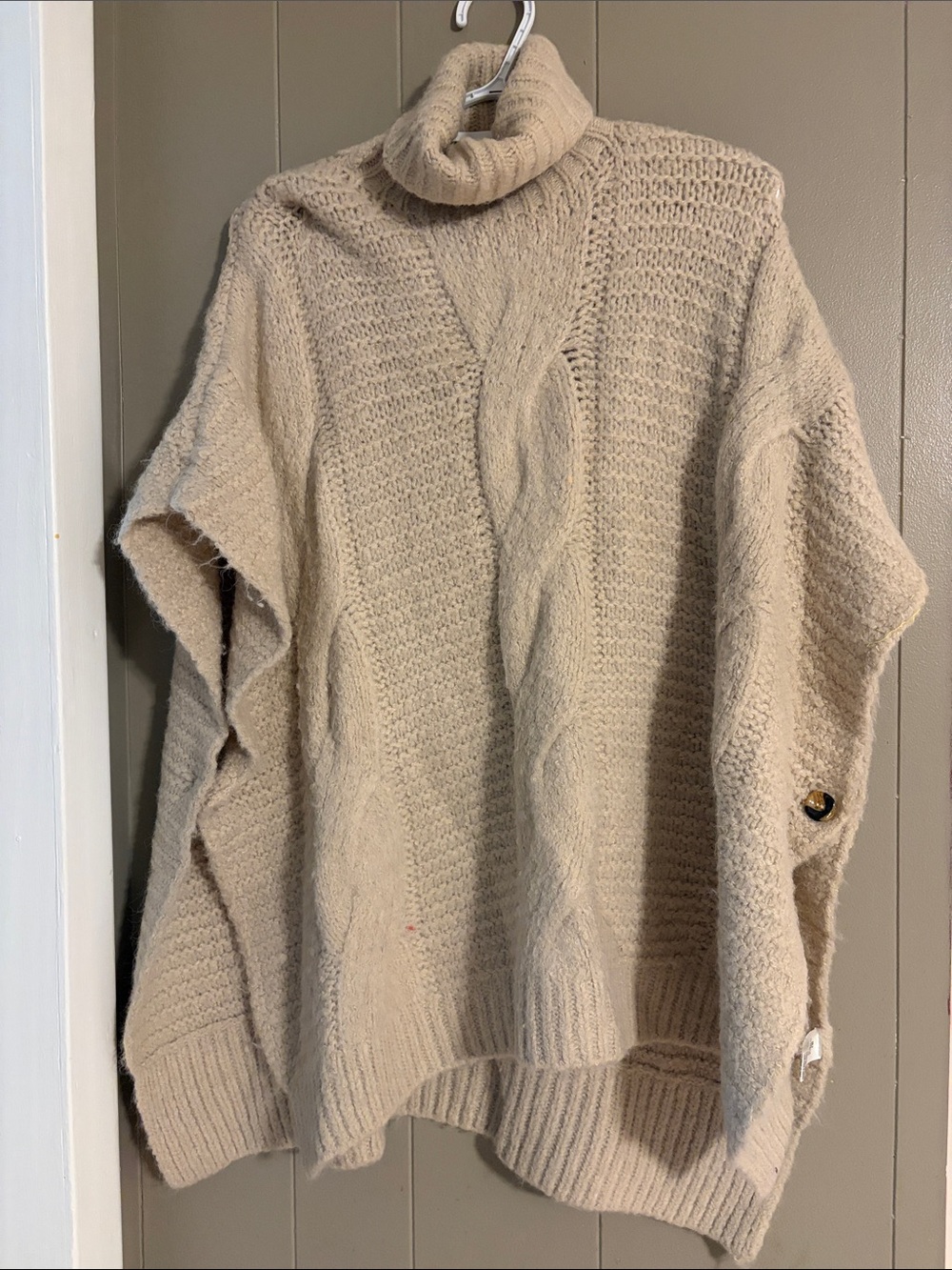 easel Cable-Knit Turtleneck Poncho Sweater in Beige
